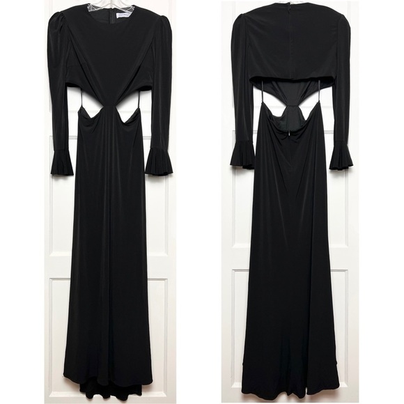 MAC DUGGAL Puffed Shoulder Long Bell Sleeve Side Cutout Open Back Maxi Gown 10 - Picture 3 of 10